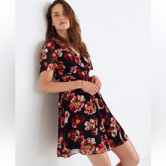 Madewell Dresses & Skirts - Madewell Size 2 Tulip Sleeve Chiffon Mini Dress In French Rose Black Floral